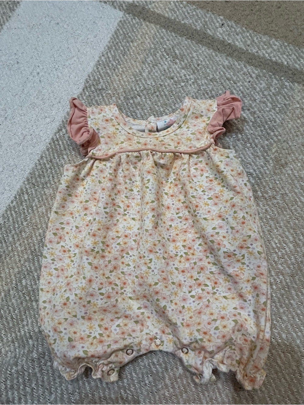 Stitchy Fish Floral Baby Romper with Pink Ruffle Sleeves EUC